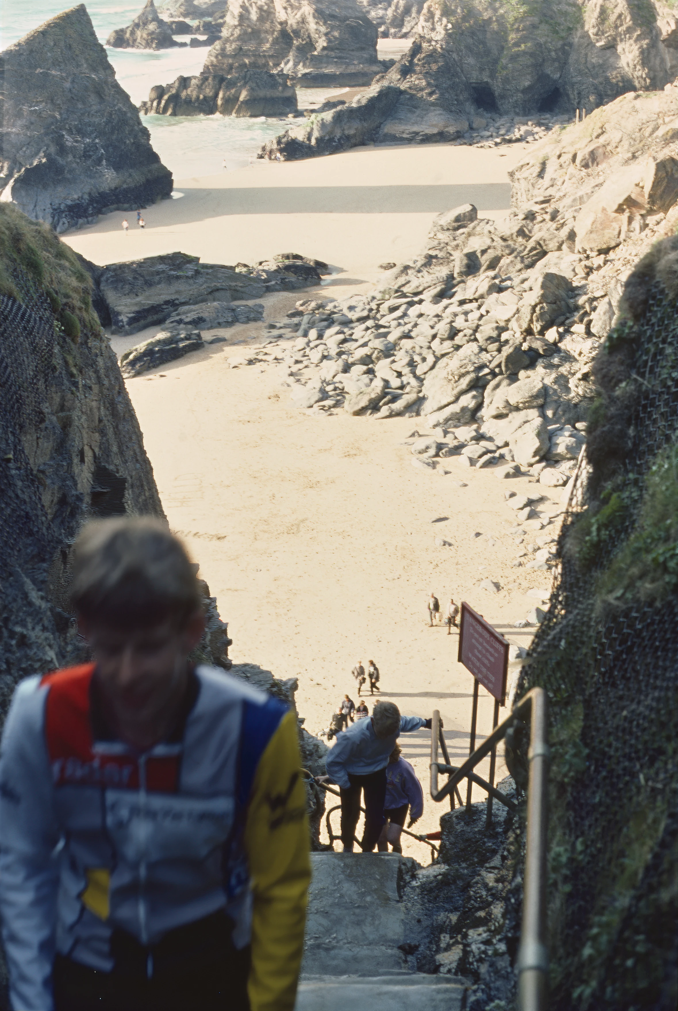 Mark Williams climbs the Bedruthan Steps