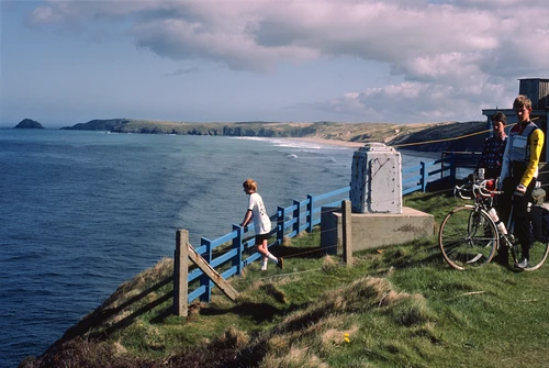 21 Apr 1987 · Richard, Graham and Mark Williams admire Perranporth Youth Hostel's cliff-edge view. Just a fence.