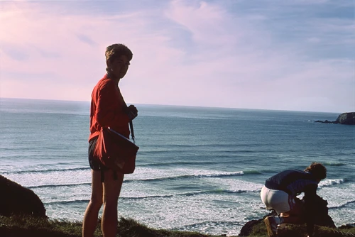 21 Apr 1987 · Graham and Michael get ready for the Bedruthan Steps descent.