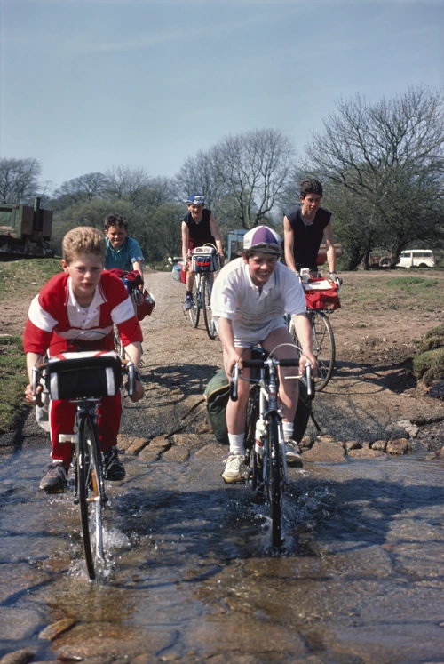 23 Apr 1987 · Warren Masters and Gary Johnson ride through Bridge Ford, near Bowithick on Bodmin Moor.