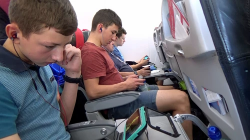 George, Will, John and Jude on flight DY1317, Gatwick to Bergen.