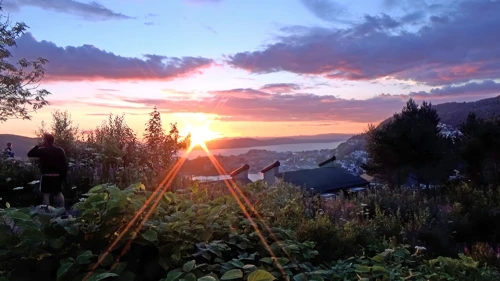 Sunset from Montana Youth Hostel, Bergen, as we tuck into pizza in the gardens.