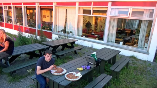 Pizza outside Montana Youth Hostel, Bergen.