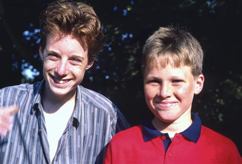 31 Aug 1987 · Aidan and Matthew share a grin in the Carlisle Youth Hostel sunshine.