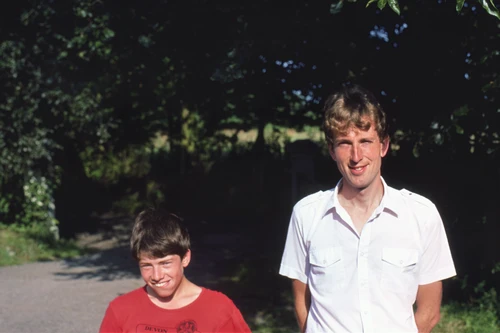31 Aug 1987 · Gary Johnson and Michael Jones in the morning sun at Carlisle Youth Hostel.