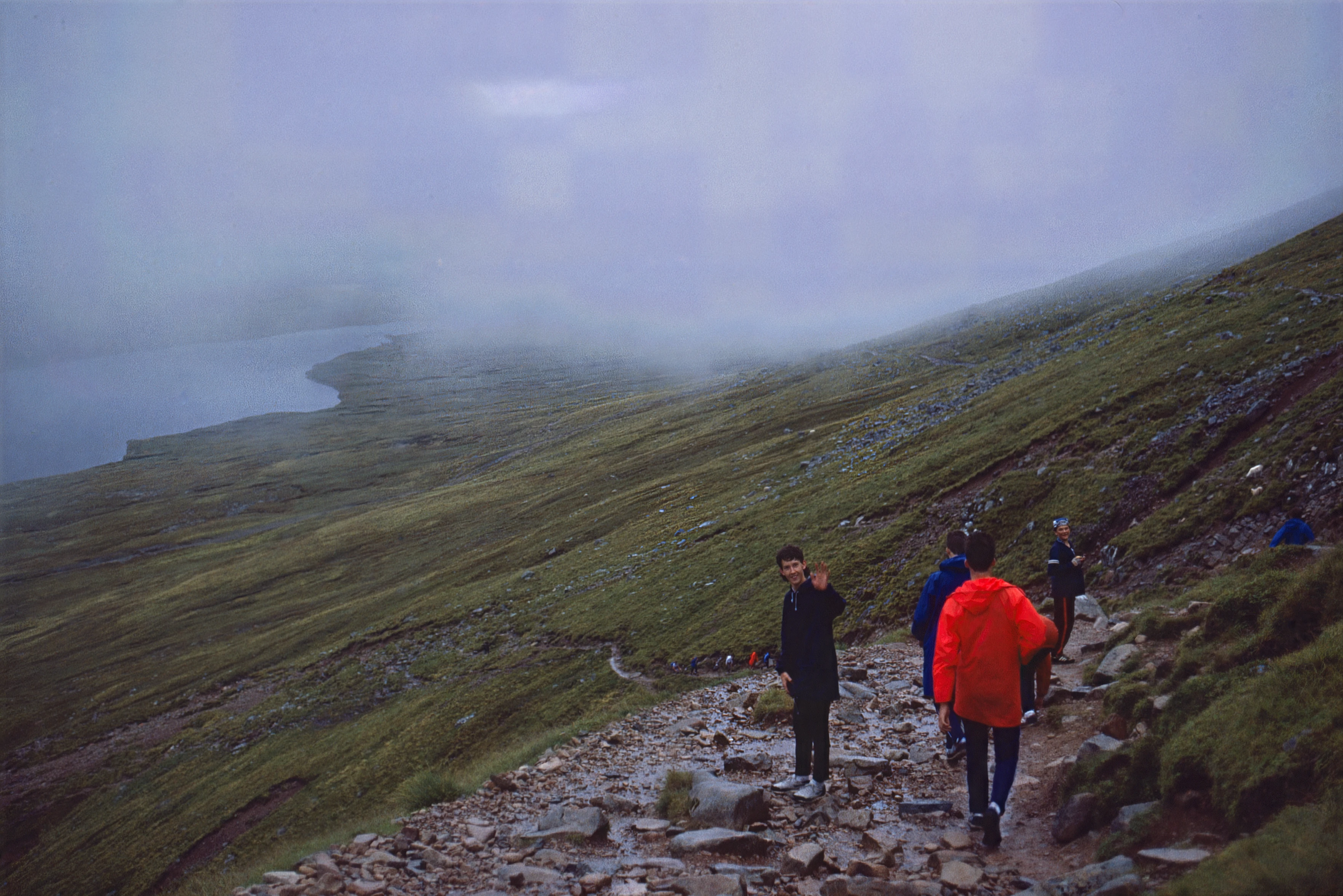 On the Ben Nevis path, looking back to Lochan Meall an t-Suidhe; cloud base hit—time to turn back.