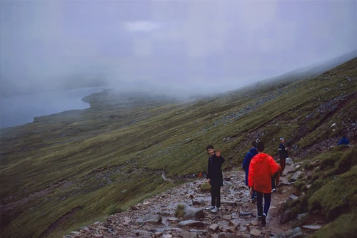 20 Aug 1988 · On the Ben Nevis path, looking back to Lochan Meall an t-Suidhe; cloud base hit—time to turn back.