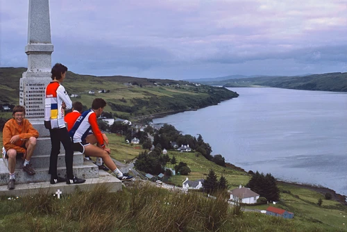 23 Aug 1988 · Darrel, Jeremy, Chris and Michael H lunch at Carbost War Memorial above Carbostmore, with fabulous views over Carbost and Loch Harport on Skye.