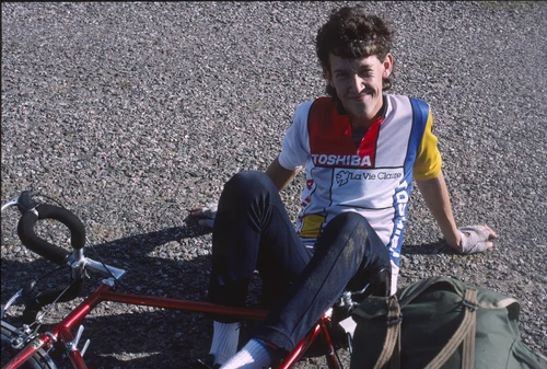 25 Aug 1988 · Jeremy Weston, caught mid-sprawl atop his fallen bike—thanks, Michael. Probably at Sand Beach car park.