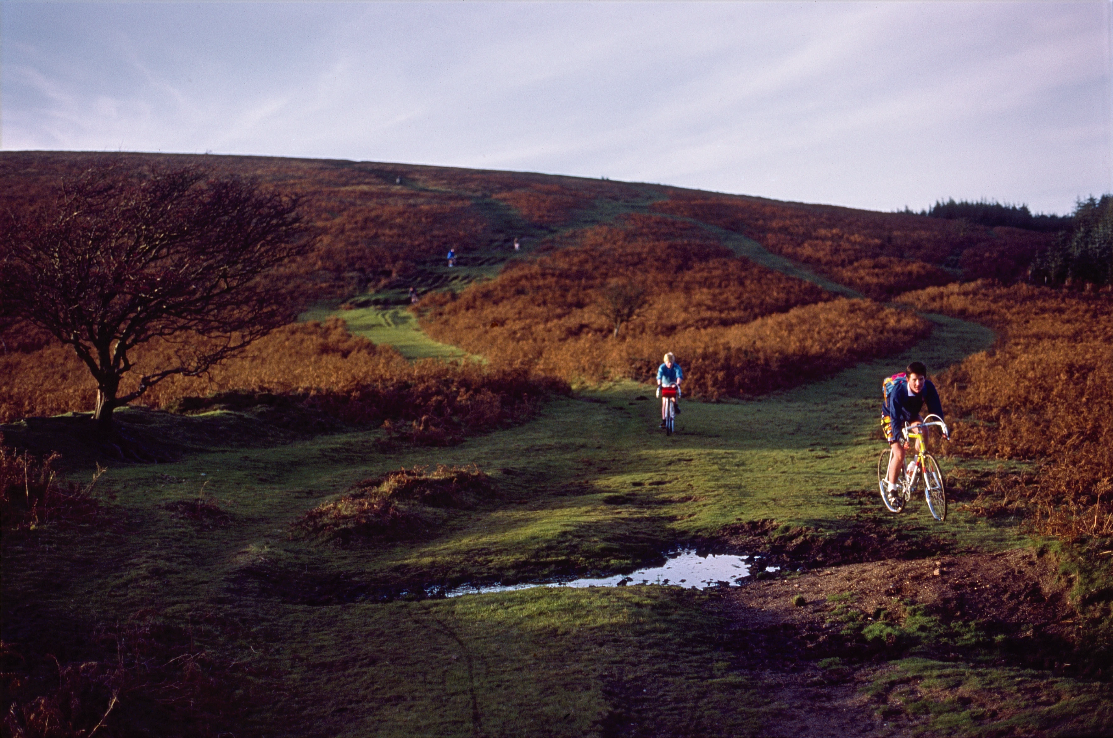 Philip Rhead and Ian Luke lead the group down the moorland track from Hameldown Tor to the Natsworthy road.