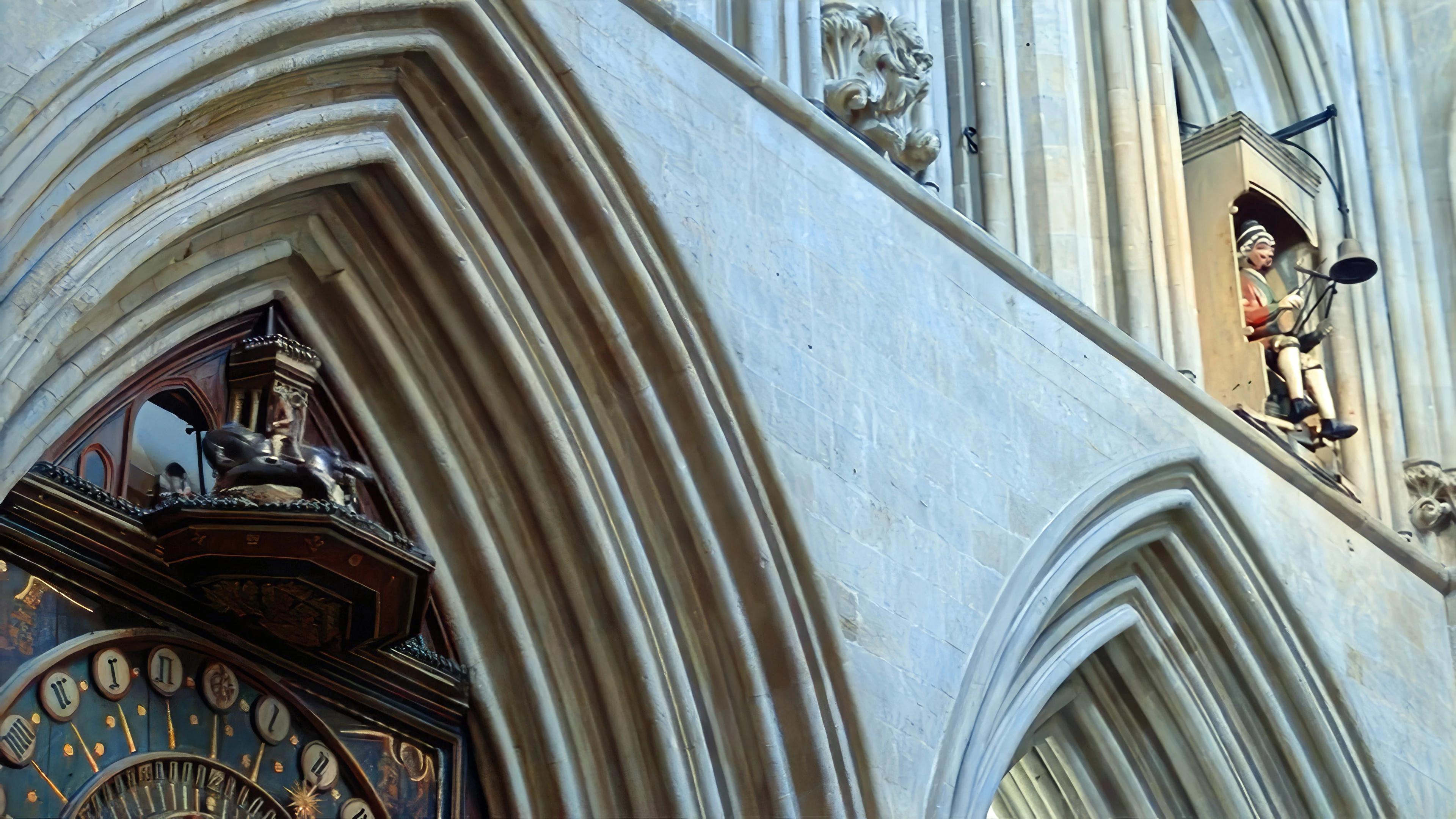 Wells Cathedral clock performs its two o’clock spectacle.