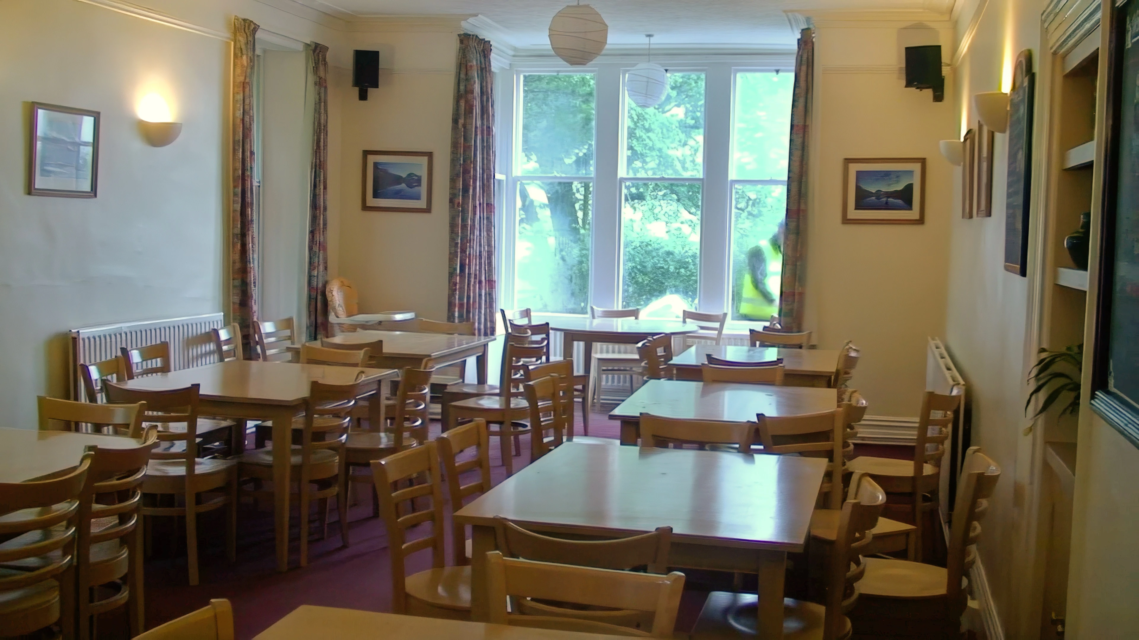Buttermere YH dining room, with water dripping from a burst pipe above.