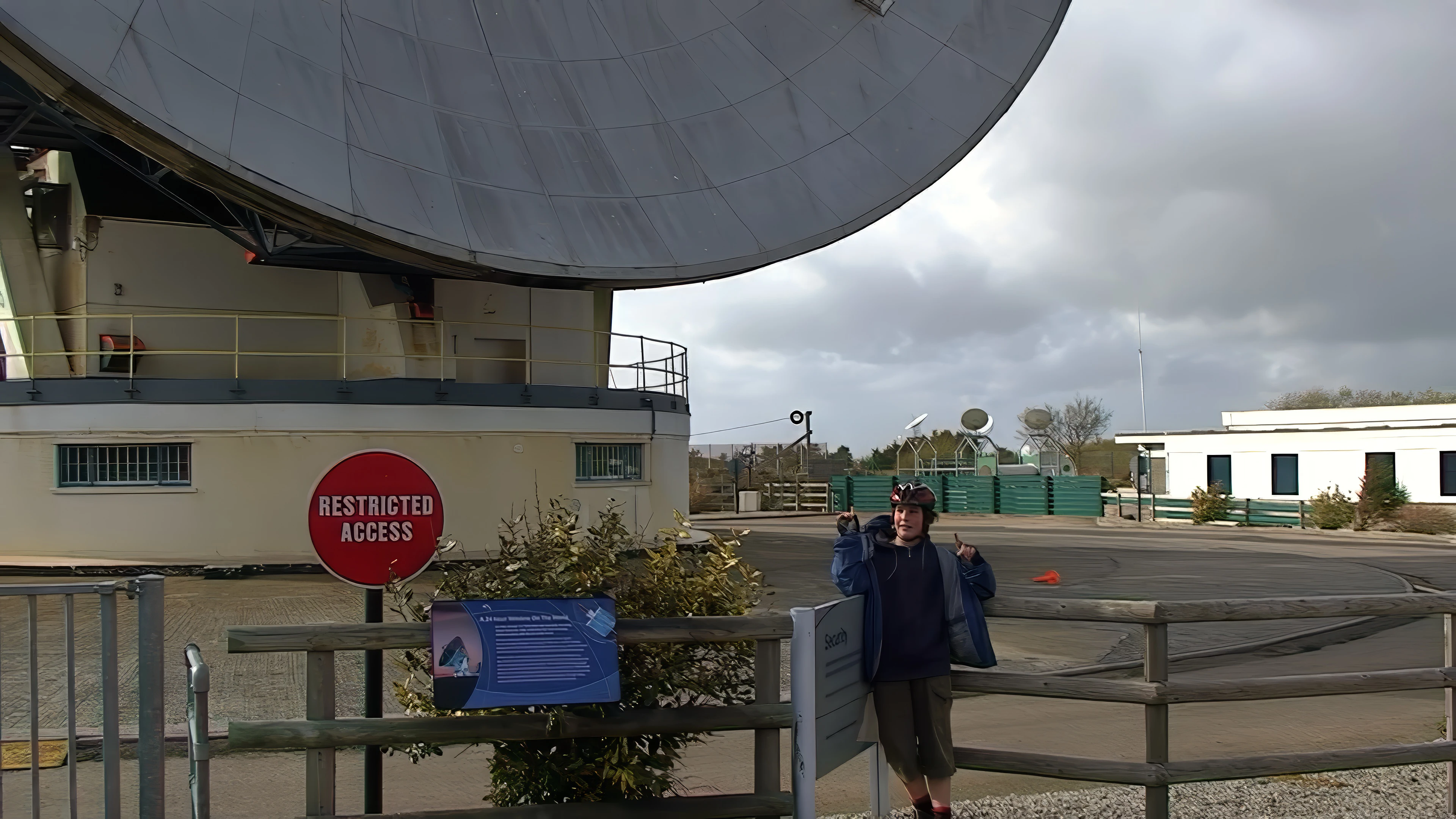 Zac with Arthur, the satellite dish at Goonhilly Earth Station.