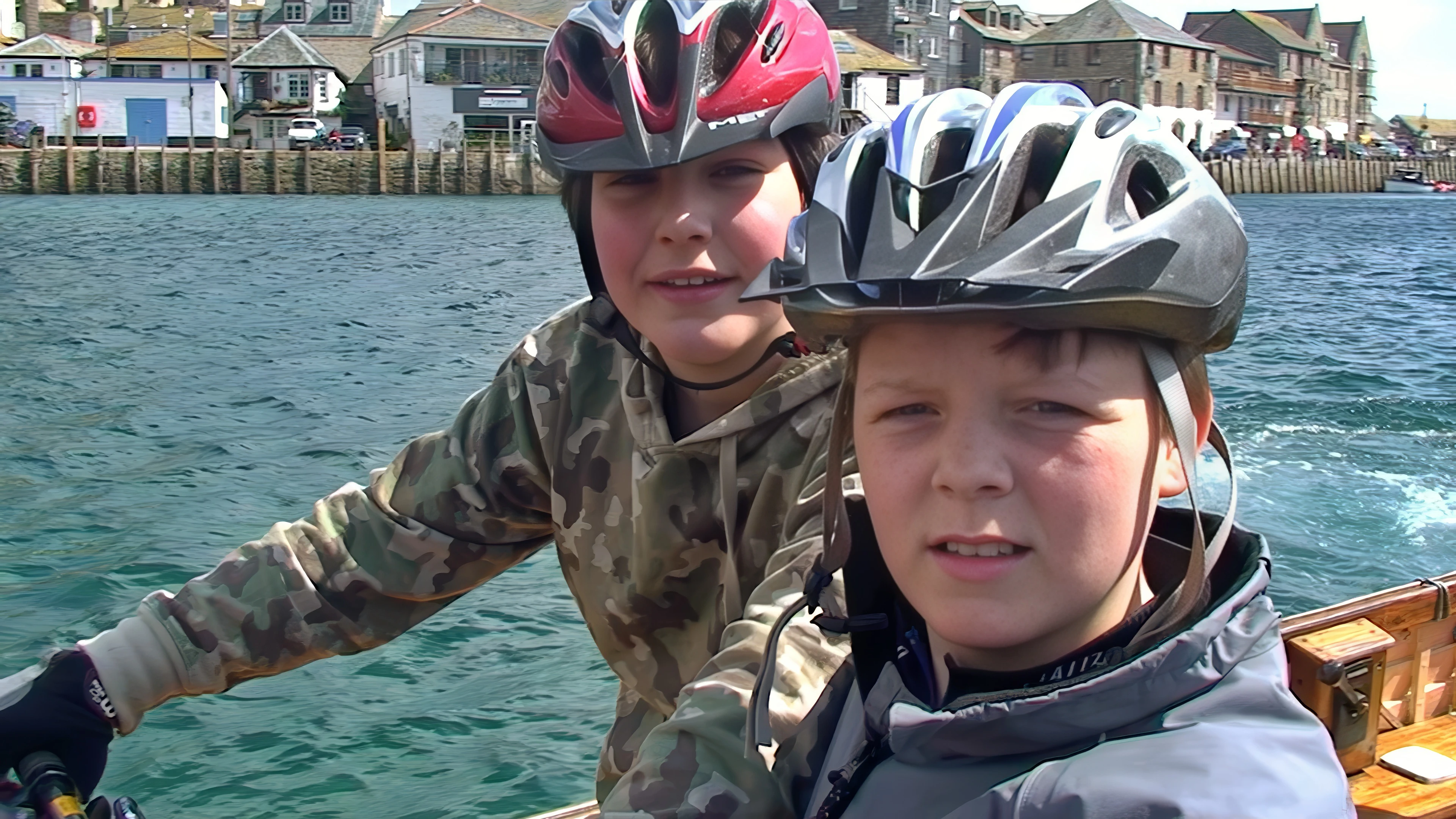 Zac and Ash on the passenger ferry from West to East Looe—more fun than the bridge.