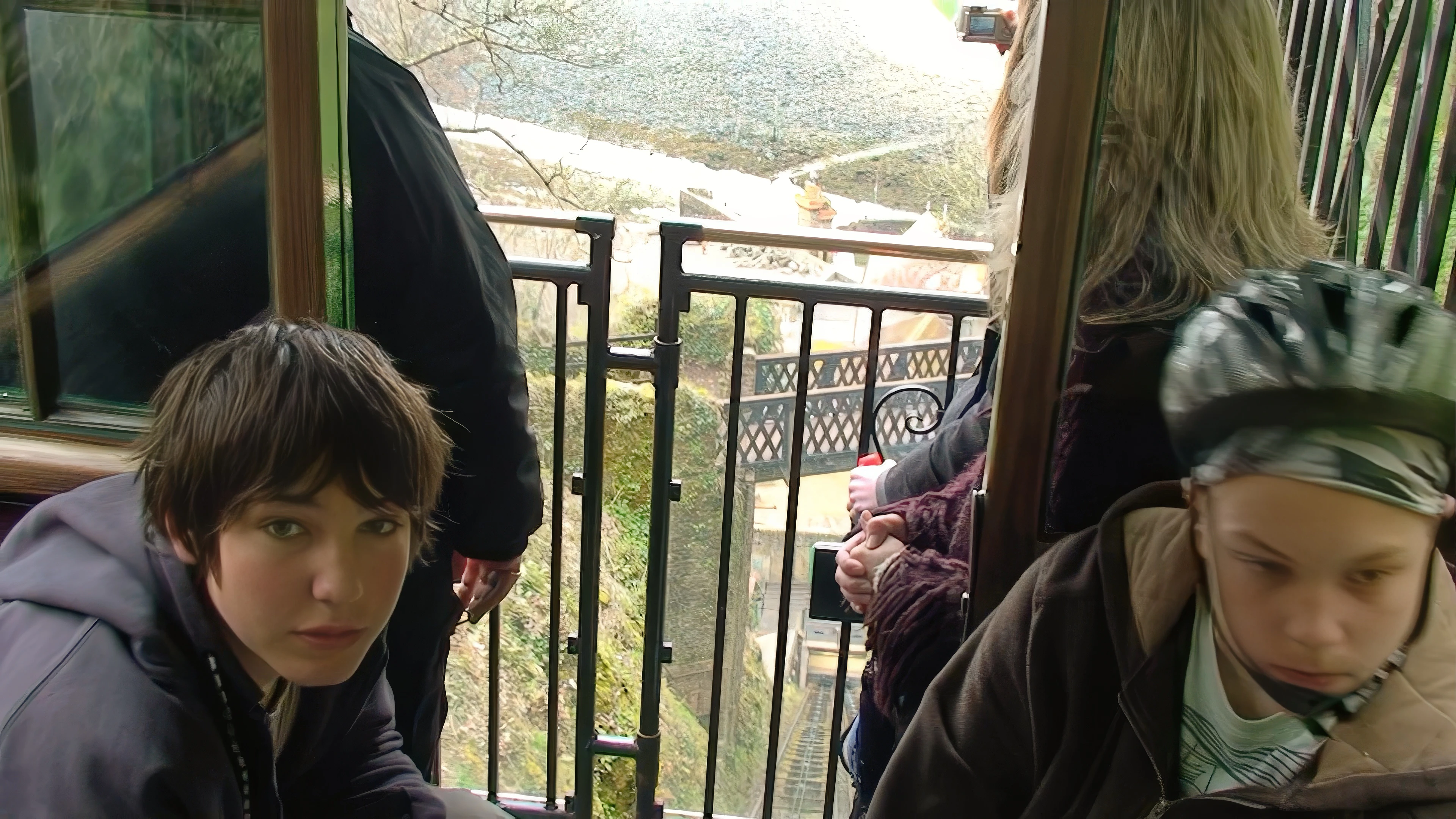 Zac and Ryan on the Lynton and Lynmouth Cliff Railway—Michael bagged us a discount.