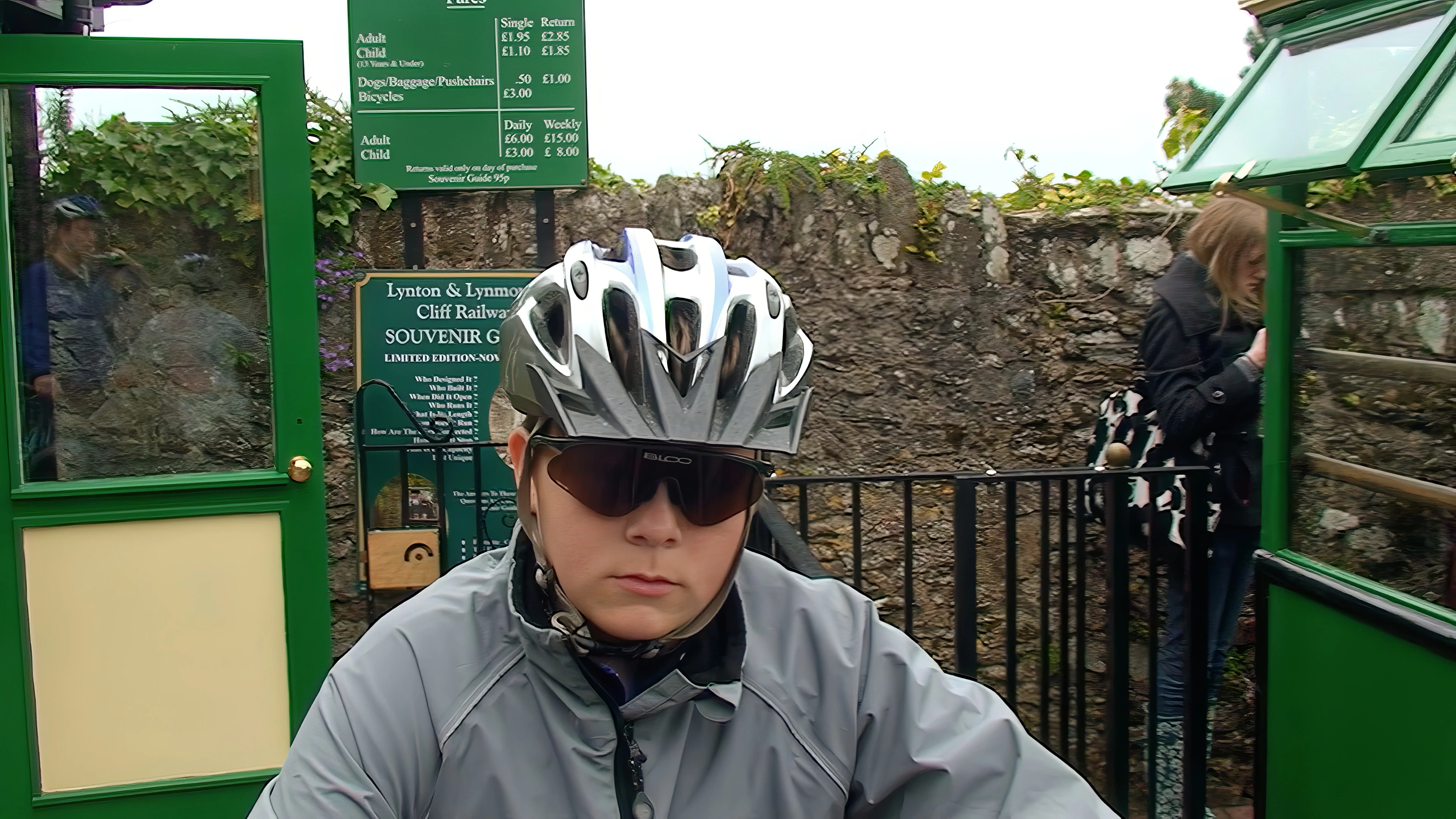 Ash at Lynton station on the Cliff Railway, in no hurry to start cycling.