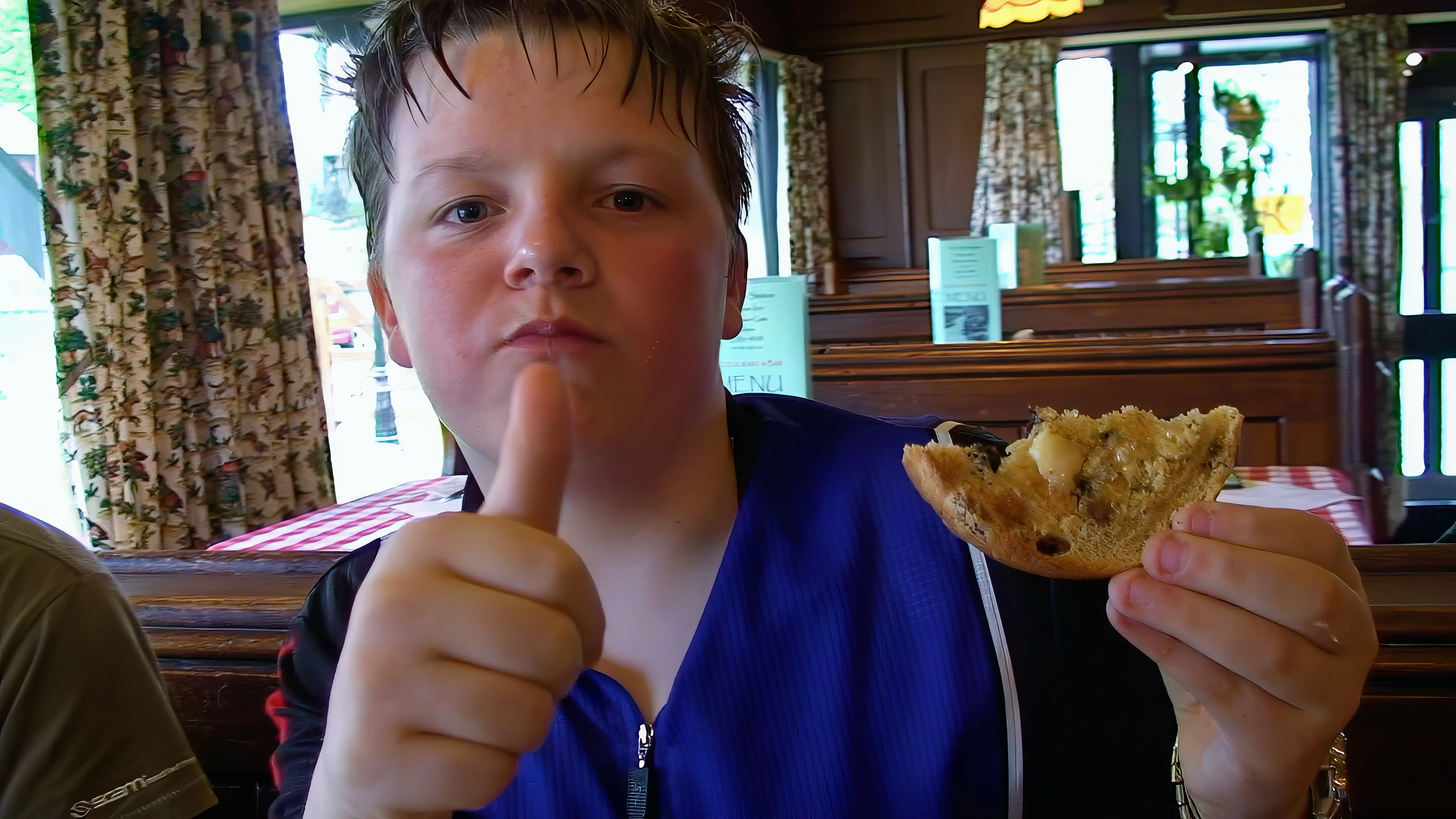 Ash tucking into another toasted teacake at the Old Station House Inn.