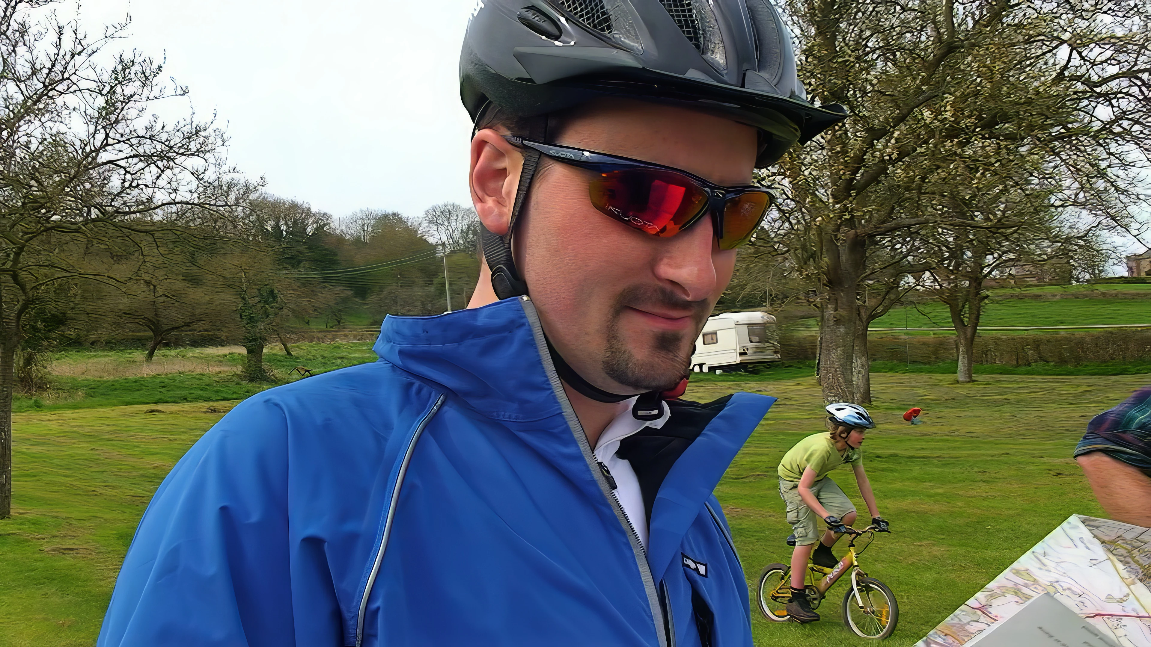Hallam tries a tiny bike while Tao checks the map at Matthew’s relatives’ Panborough farm