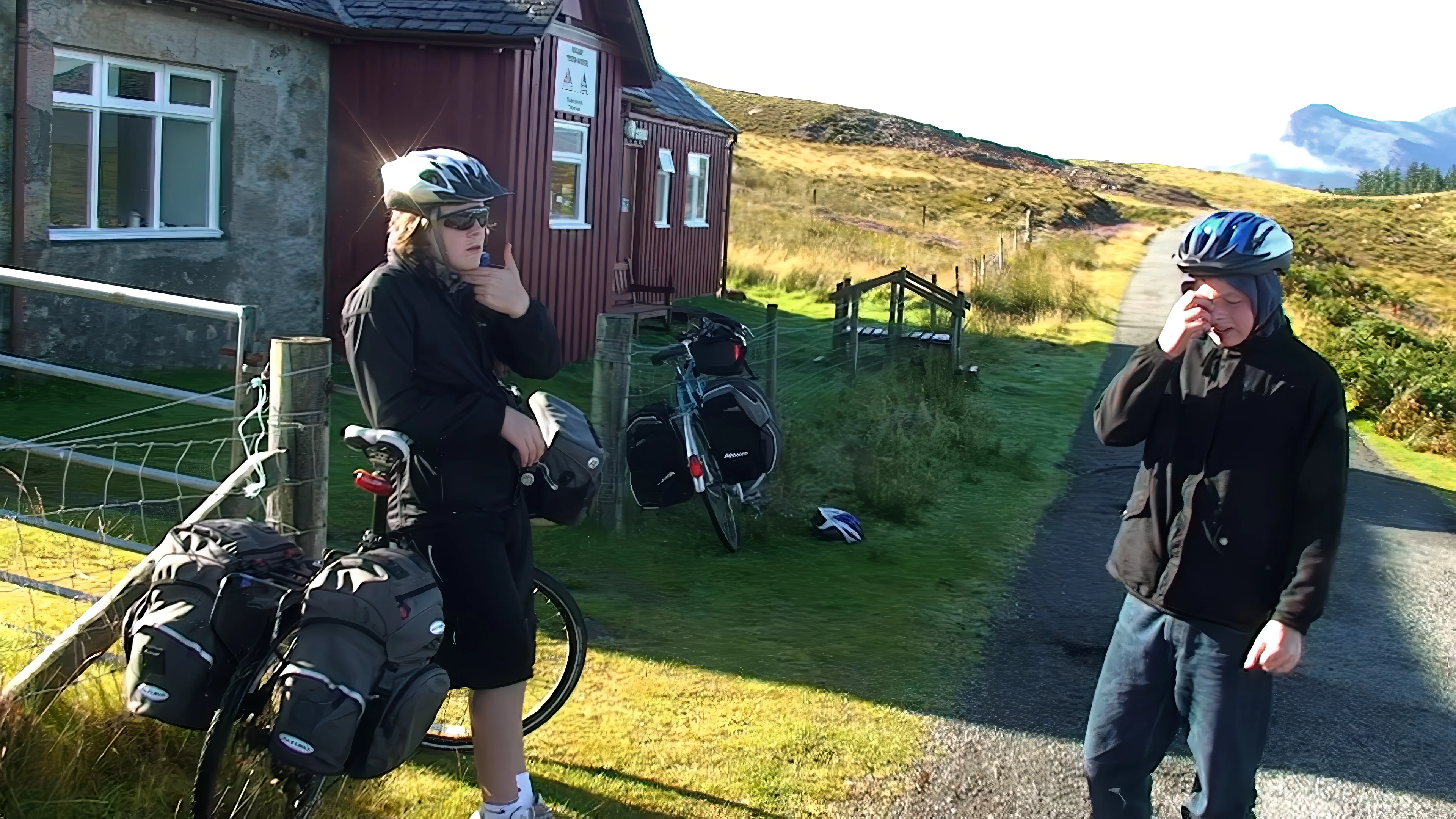 Ash and Callum ready to roll from Raasay Youth Hostel.
